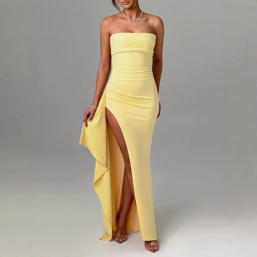 Schulterfreies Kleid in Hellgelb mit Mid-Waist-Design | Ideal für den Sommer