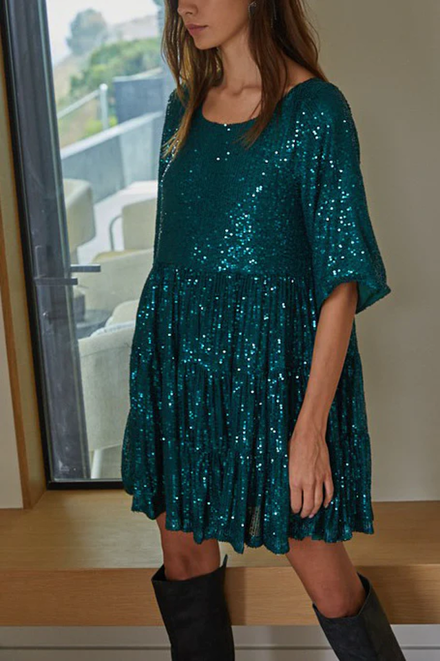 Stufiges Pailletten-Babydoll-Mini-Kleid | Ideal für Sommerpartys