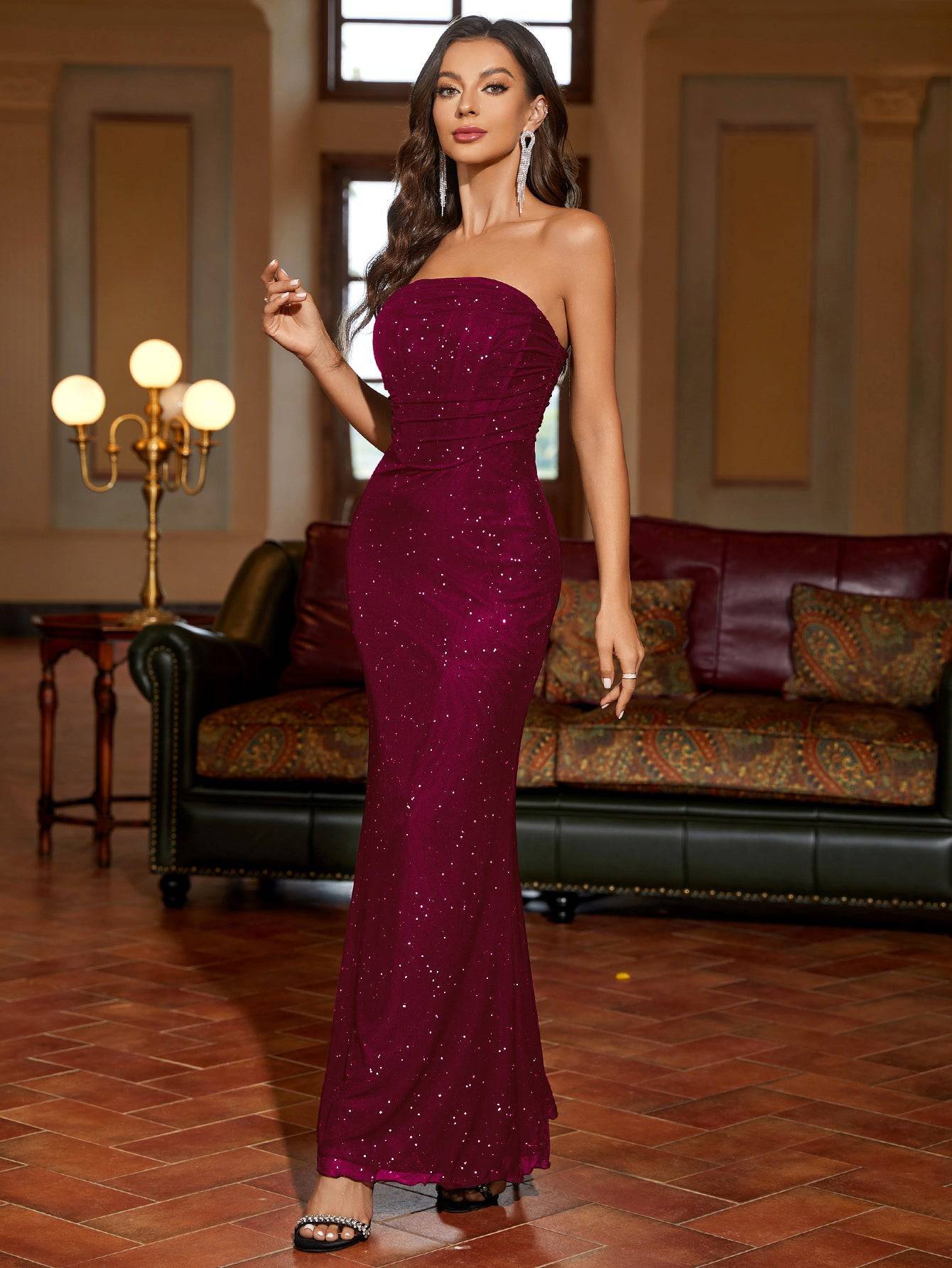 Gerafftes Mesh-Pailletten-Schulterfreies Maxi-Kleid | Ideal für Sommerabende