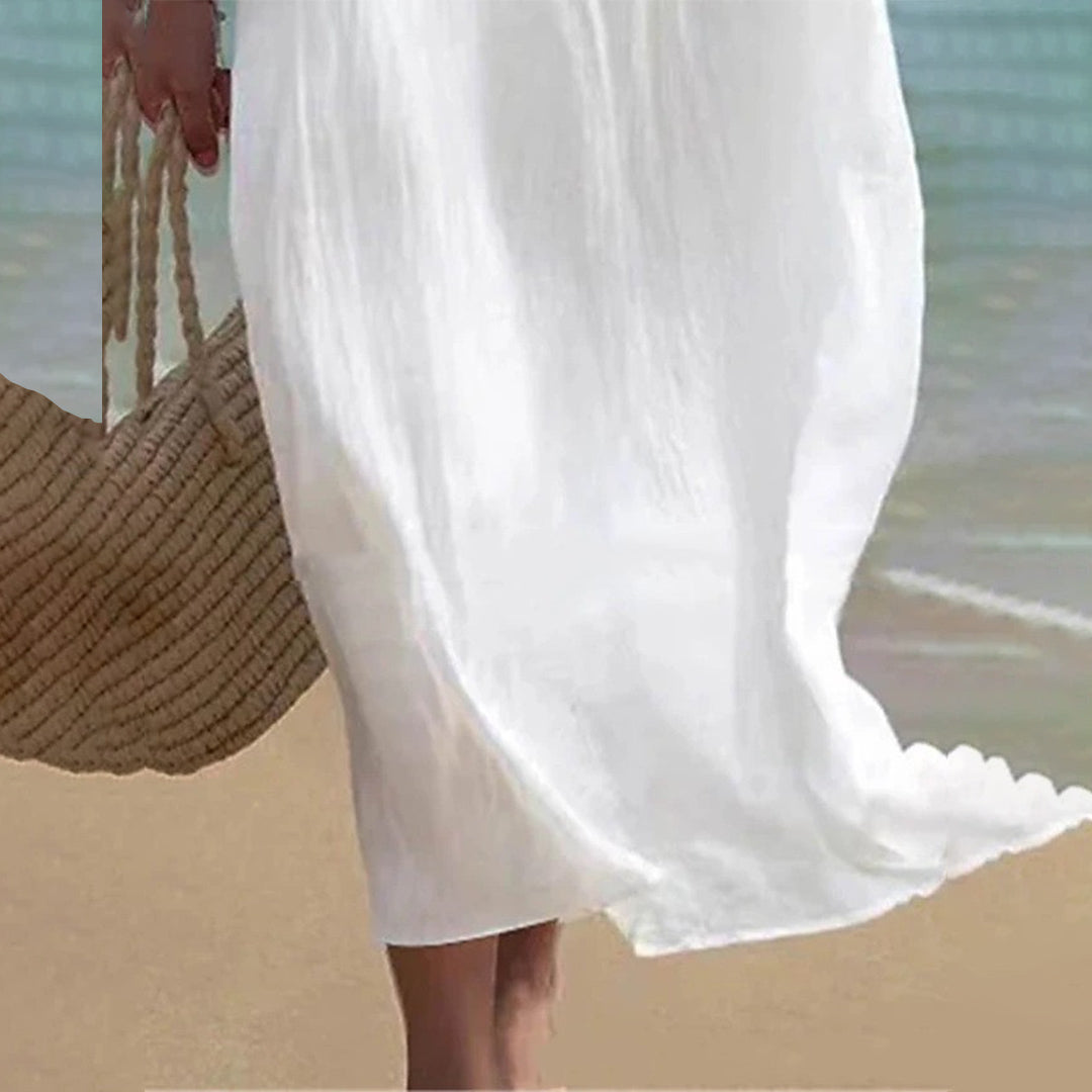 Weißes Leichtes Midikleid mit Ärmellosem Schnitt und Ausgestelltem Saum | Ideal für den Sommer