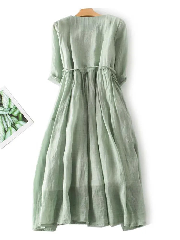 Leinen-Midikleid mit Boho-Details und atmungsaktivem Stoff | Ideal für den Sommer