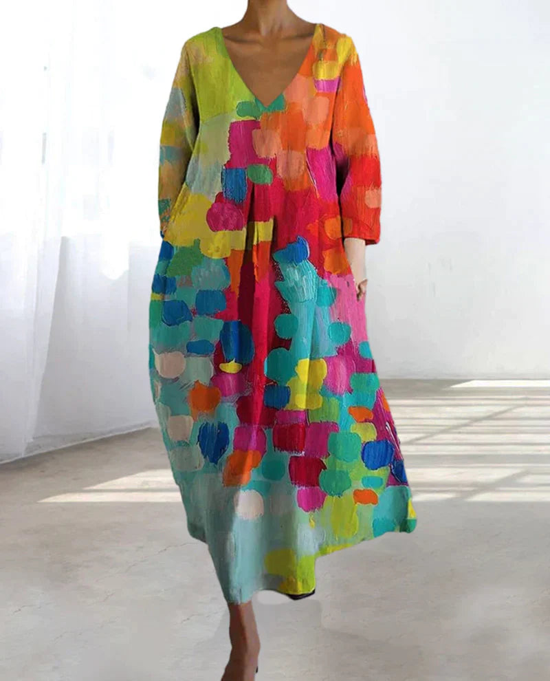 V-Ausschnitt Kleid mit farbenfrohem Print | Ideal für den Frühling