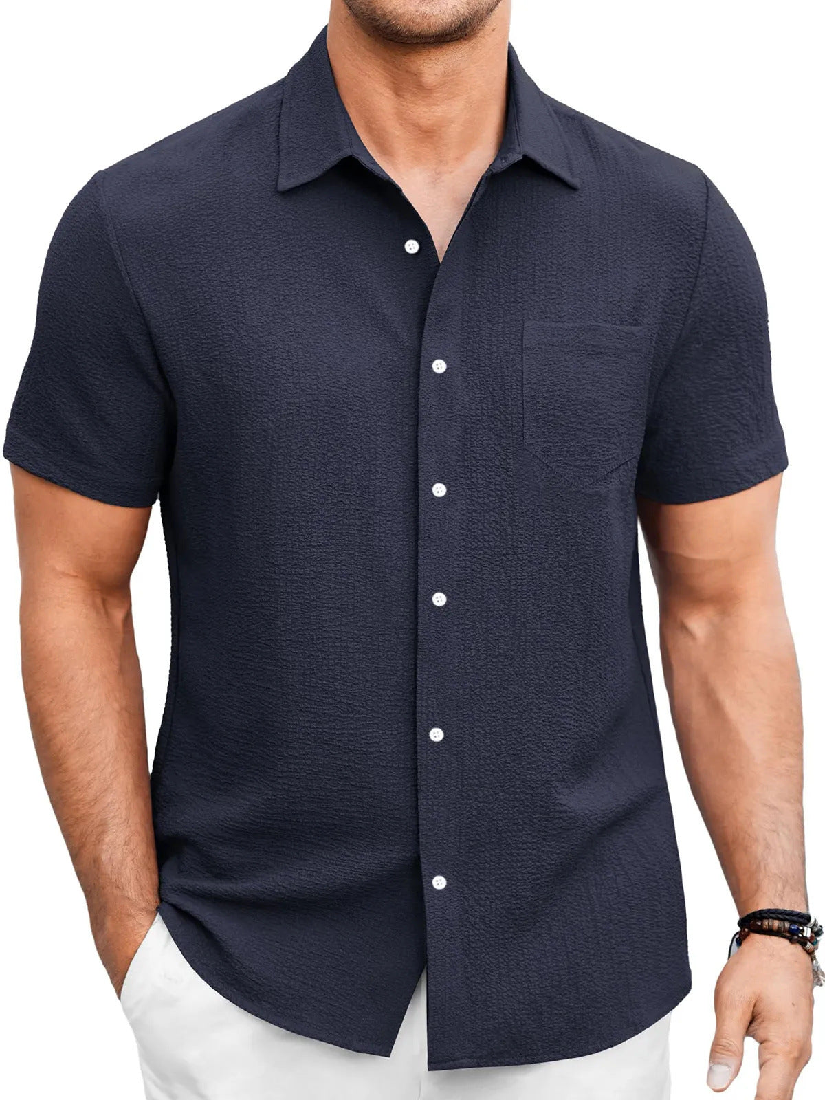 Herren Kurzarm-Shirt in Uni-Farbe mit Blasenfaltendesign Ideal für den Sommer