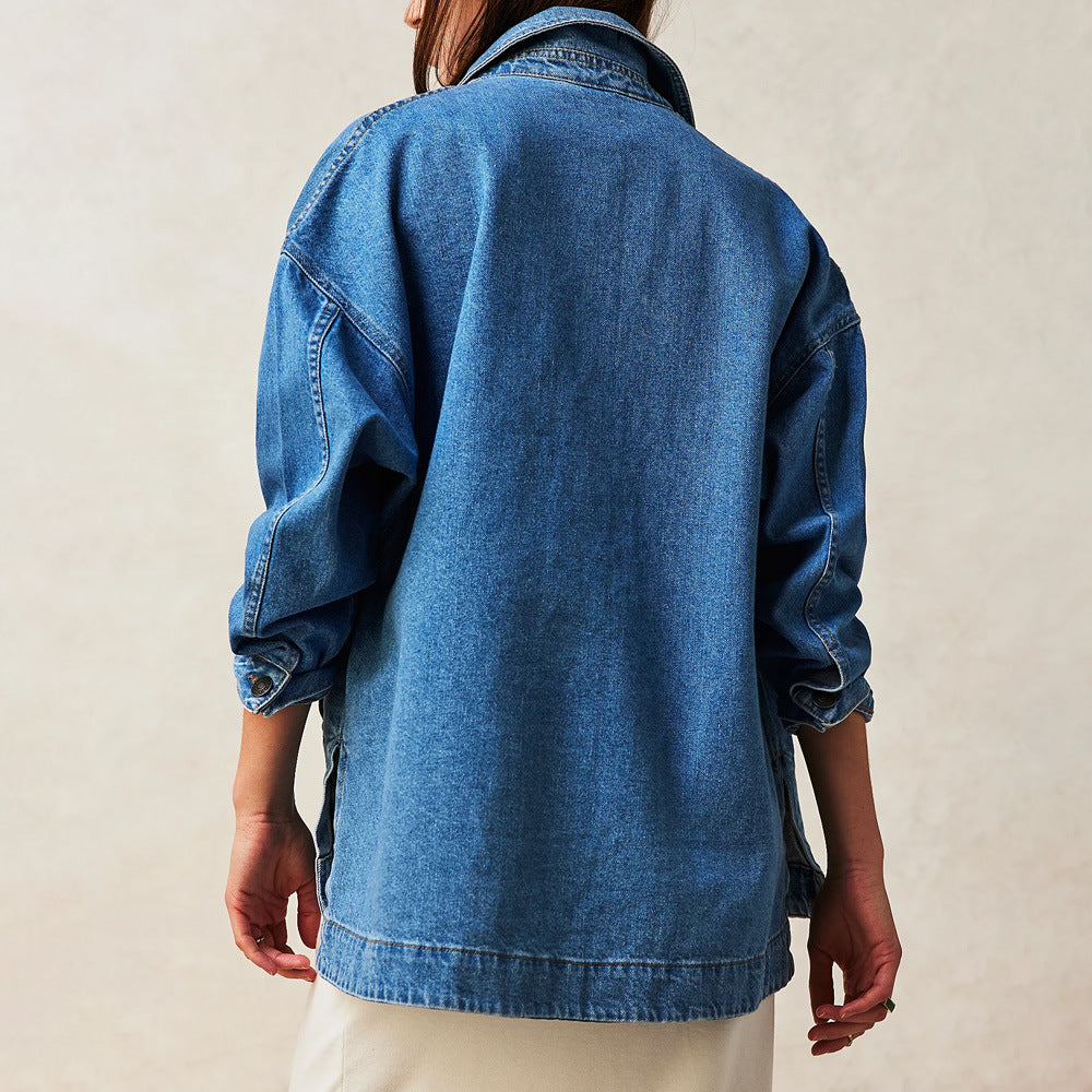 Locker Geschnittene Jeansjacke mit Stickerei für Damen | Ideal für Frühling und Herbst
