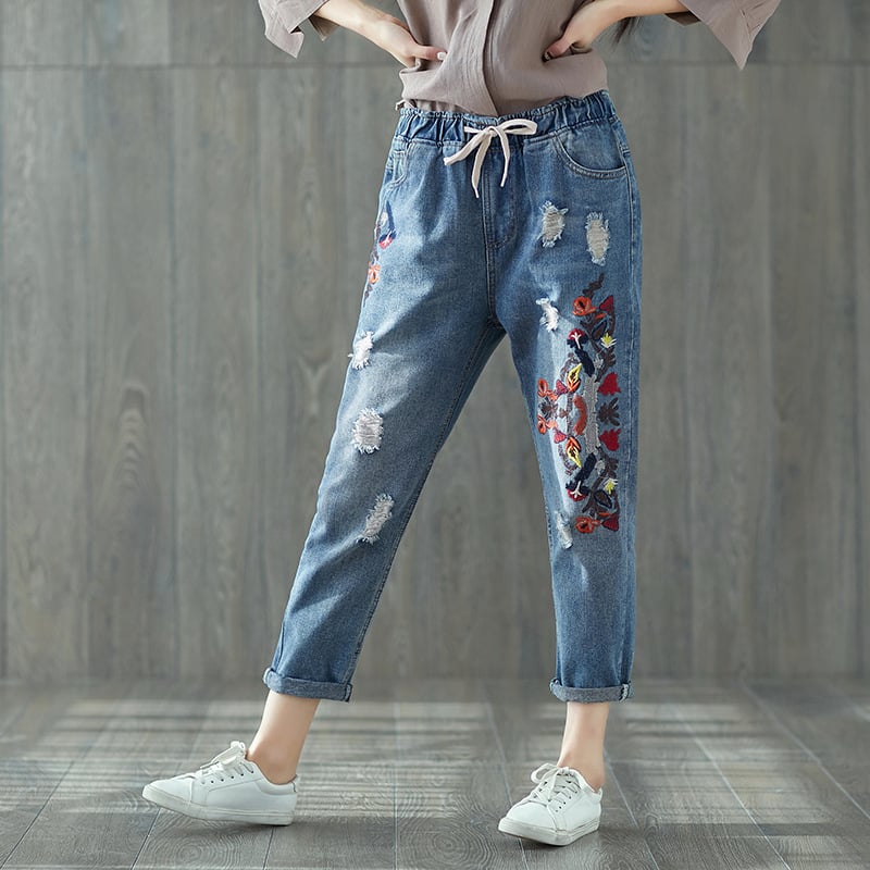 Bestickte Zerrissene Cropped Jeans | Ideal für Frühling und Sommer