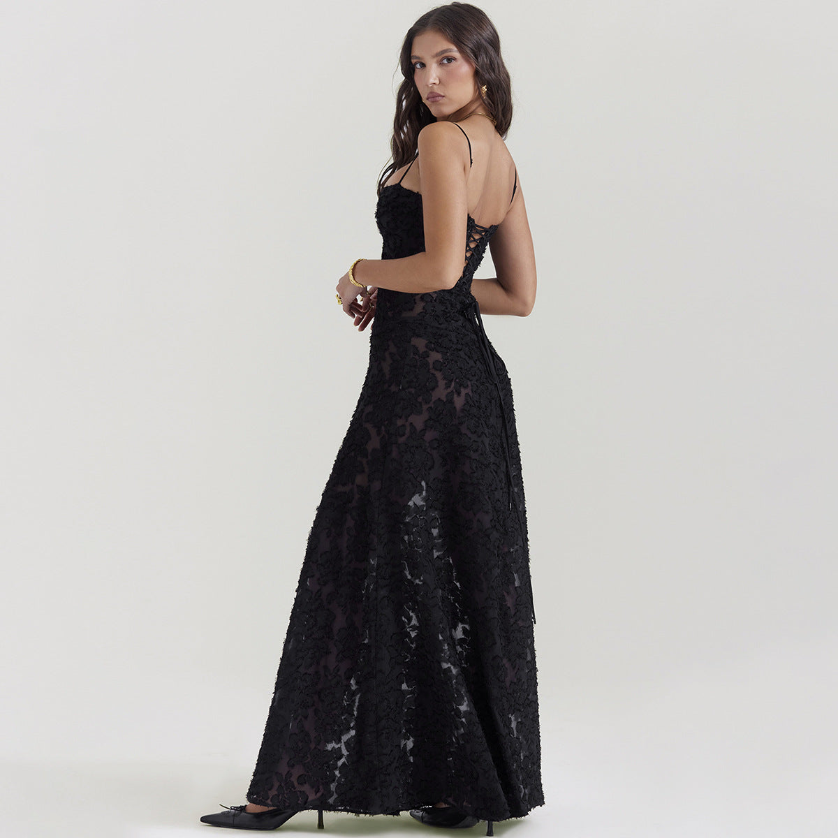 Spitzen A-Linien Langkleid mit Spaghetti-Trägern und Hoher Taille | Ideal für Sommer