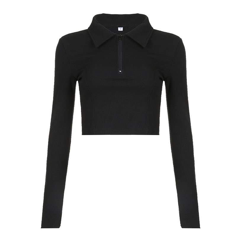 Langarm T-Shirt mit Reißverschlusskragen und Teilungsnaht in Unifarbe | Ideal für Frühling und Herbst