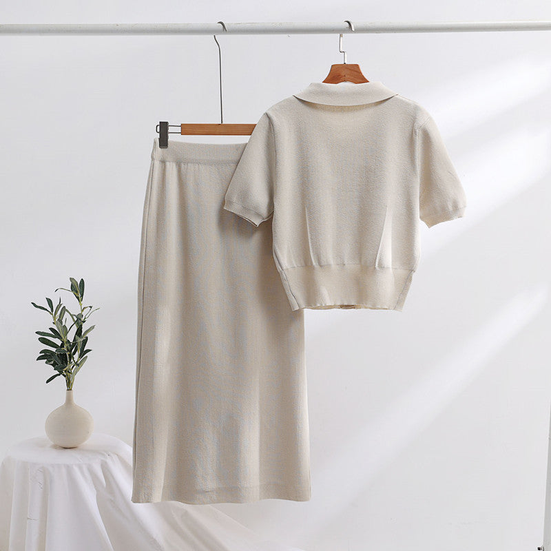 Strick Polo Kragen Kurzarm Pullover und Mid-Länge Rock Set | Ideal für Frühling