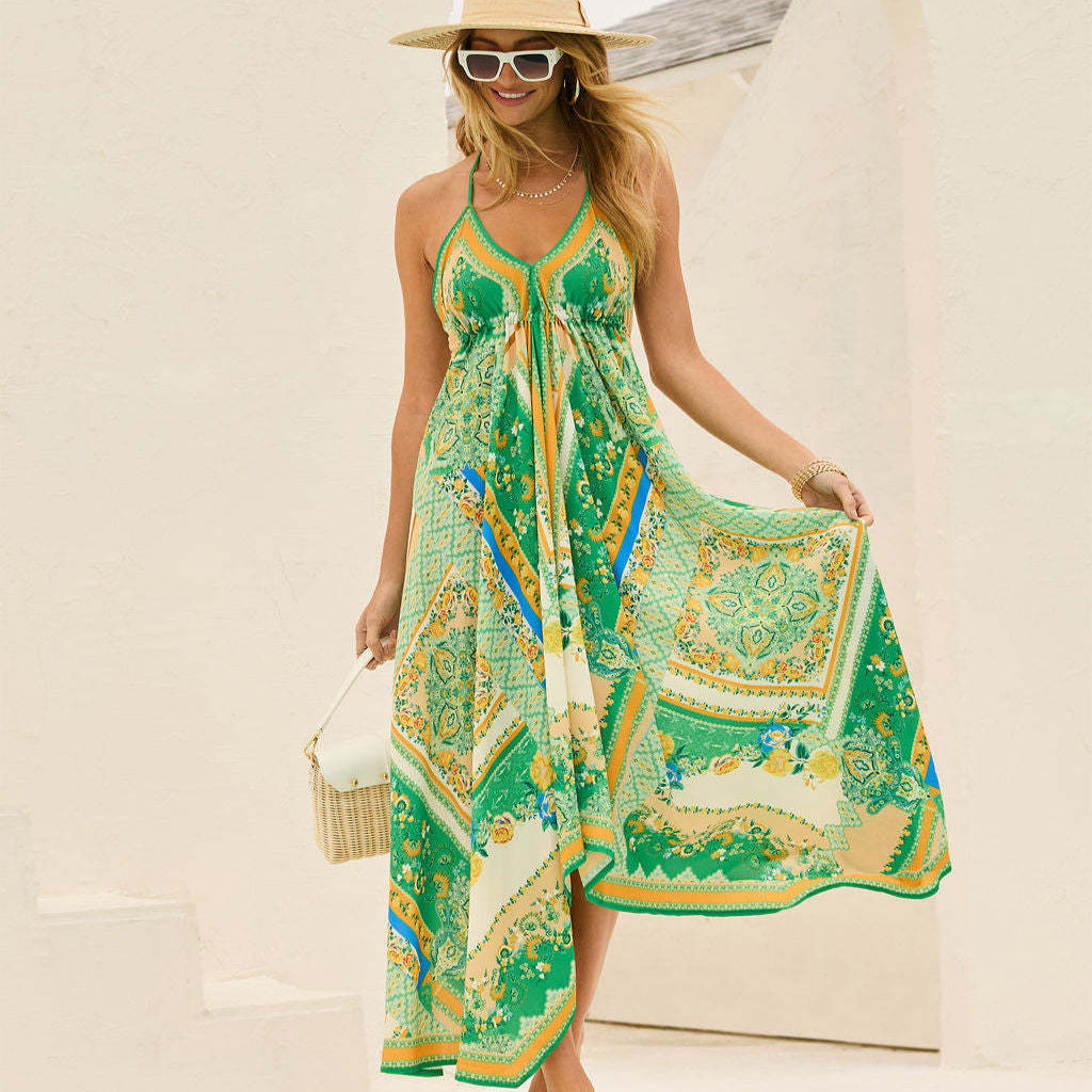 Schulterfreies V-Ausschnitt Spaghettiträger Kleid mit Blumenmuster | Ideal für Frühling und Sommer