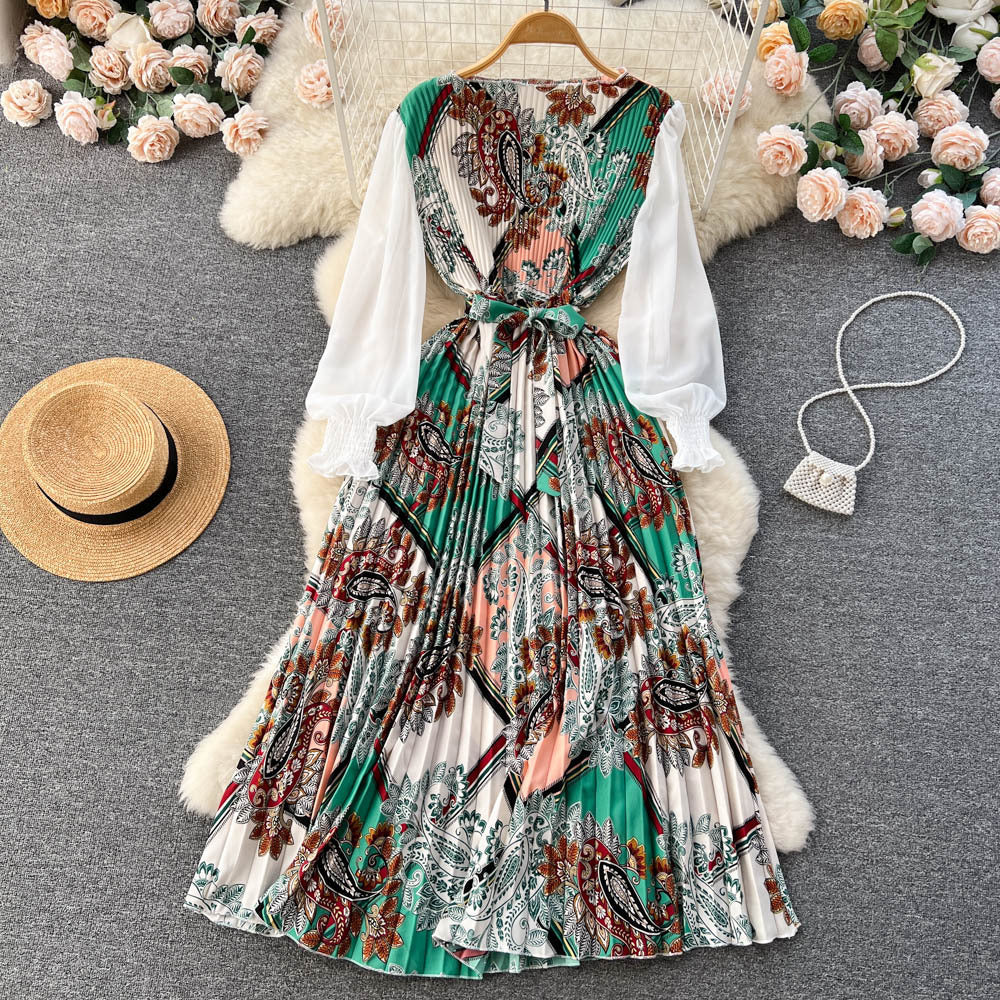 Bedrucktes Maxi Kleid mit Langen Ärmeln und Ethnischen Mustern | Ideal für Frühling und Sommer