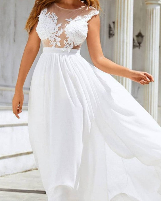 Chiffon Spitzen Hochzeitskleid mit Schleppe | Ideal für alle Jahreszeiten