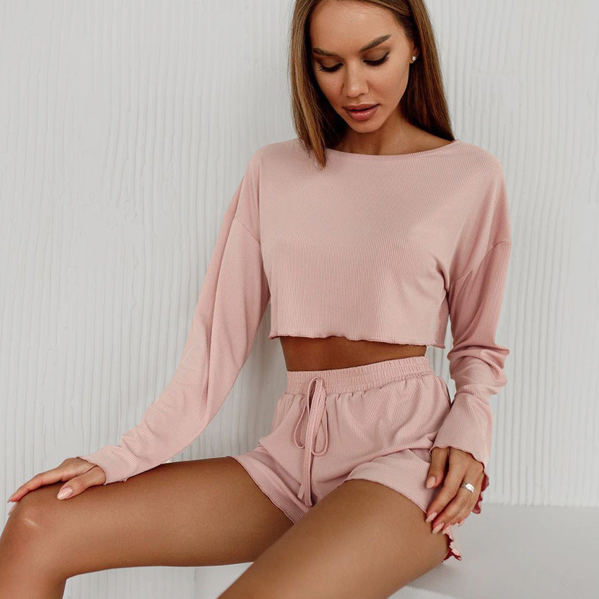 Weiches Gestricktes Langarm-Crop-Top und Shorts Pyjama Set | Ideal für Frühling und Sommer