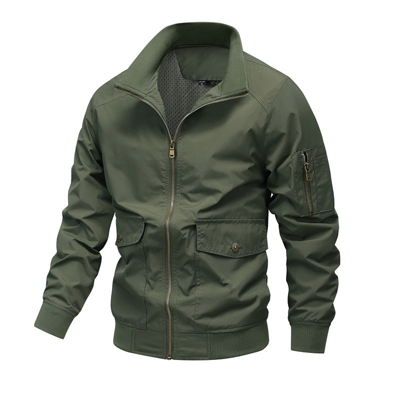 Locker Geschnittene Nylonjacke mit Polokragen und Nahttaschen | Ideal für Frühling und Herbst