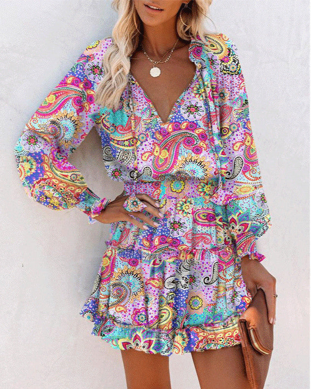 Geblümtes Patchwork-Kleid mit Puffärmeln und Taillenband | Ideal für Frühling und Herbst