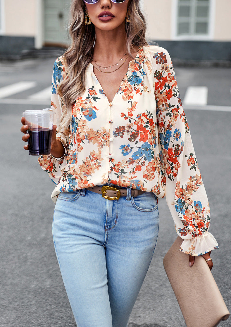 Bluse aus Chiffon mit Floralprint und V-Ausschnitt