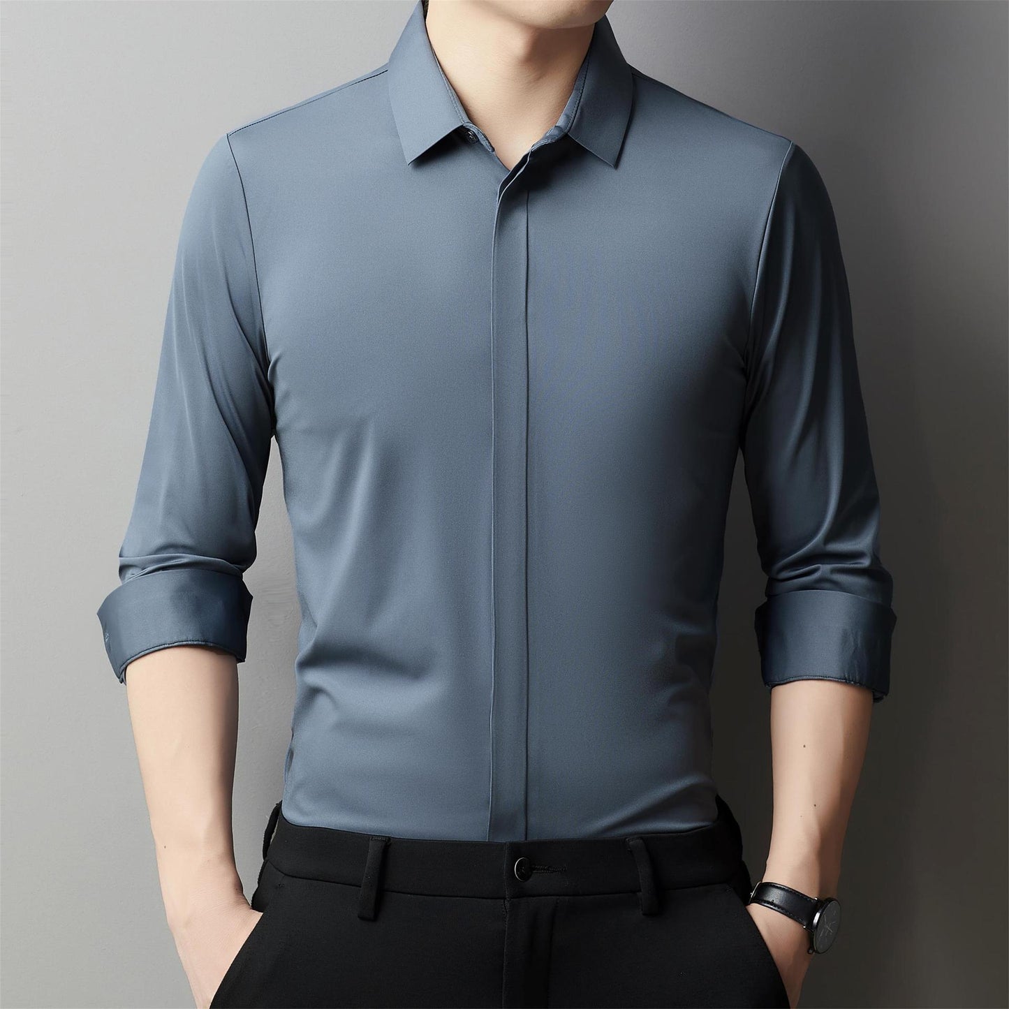 Herren Langarm-Shirt in Uni-Farbe mit Verborgenen Haken Ideal für Alle Jahreszeiten