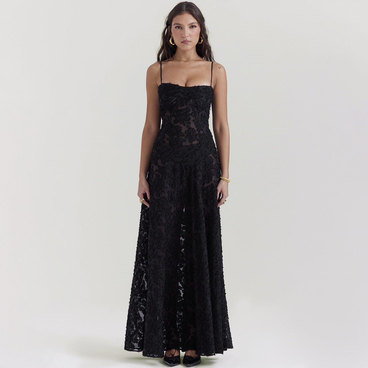 Spitzen A-Linien Langkleid mit Spaghetti-Trägern und Hoher Taille | Ideal für Sommer