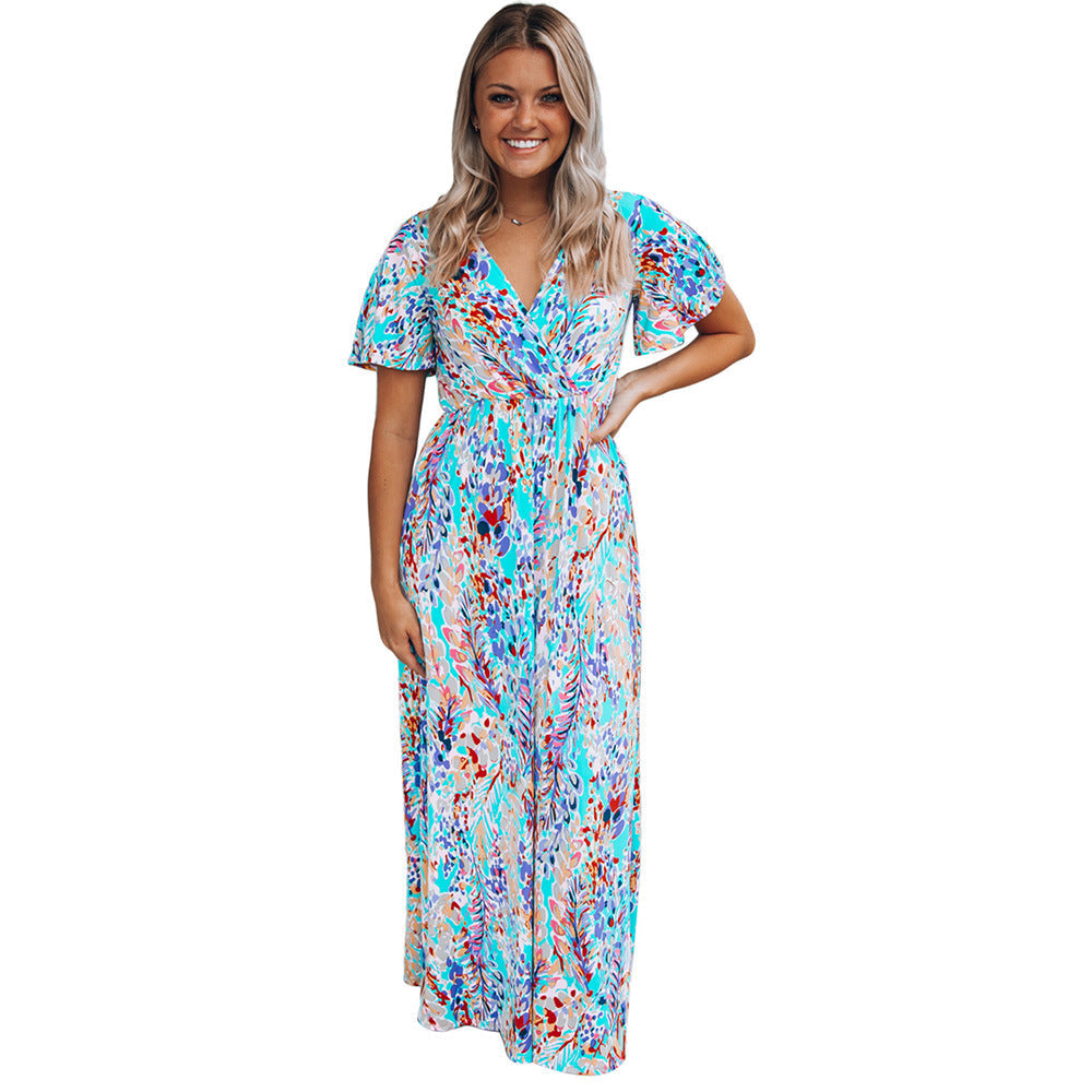 Floral Print V Neck Lang Swing Kleid mit Kurzen Ärmeln | Ideal für Sommer