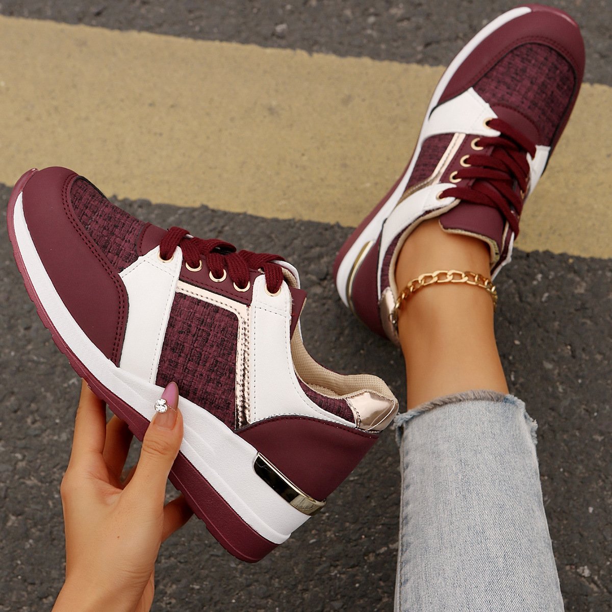 Colorblock Schnürsneaker mit dicker Sohle und PU-Obermaterial | Ideal für alle Jahreszeiten