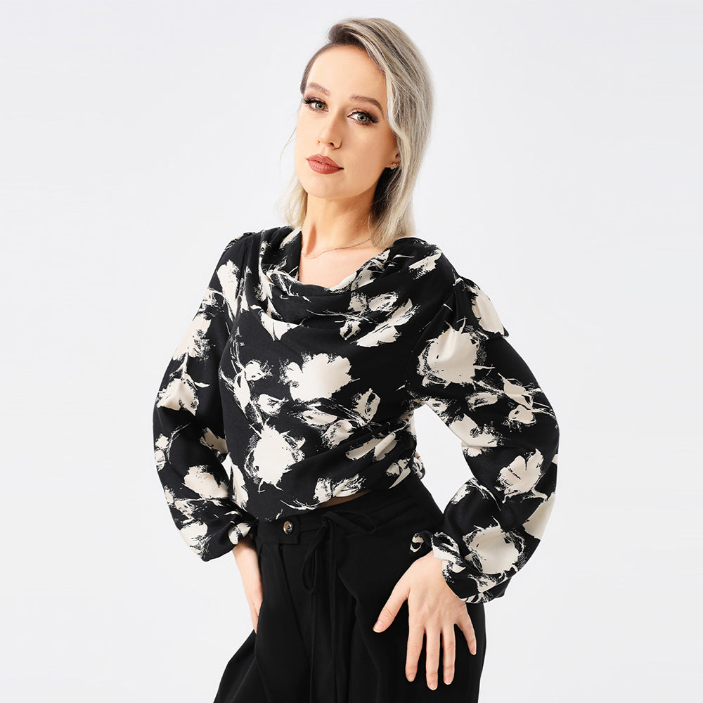 Bedruckte Bluse mit Abfallendem Kragen und Langen Ärmeln | Ideal für Frühling und Herbst