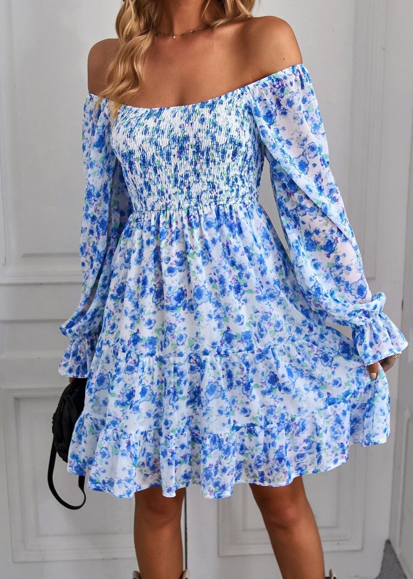 Floral Print Rüschensleeve Midi-Kleid mit U-Ausschnitt | Ideal für Frühling und Sommer