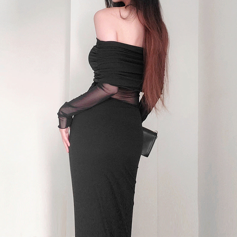 Off-Shoulder Plissiertes Langarm Maxikleid Ideal für Winter
