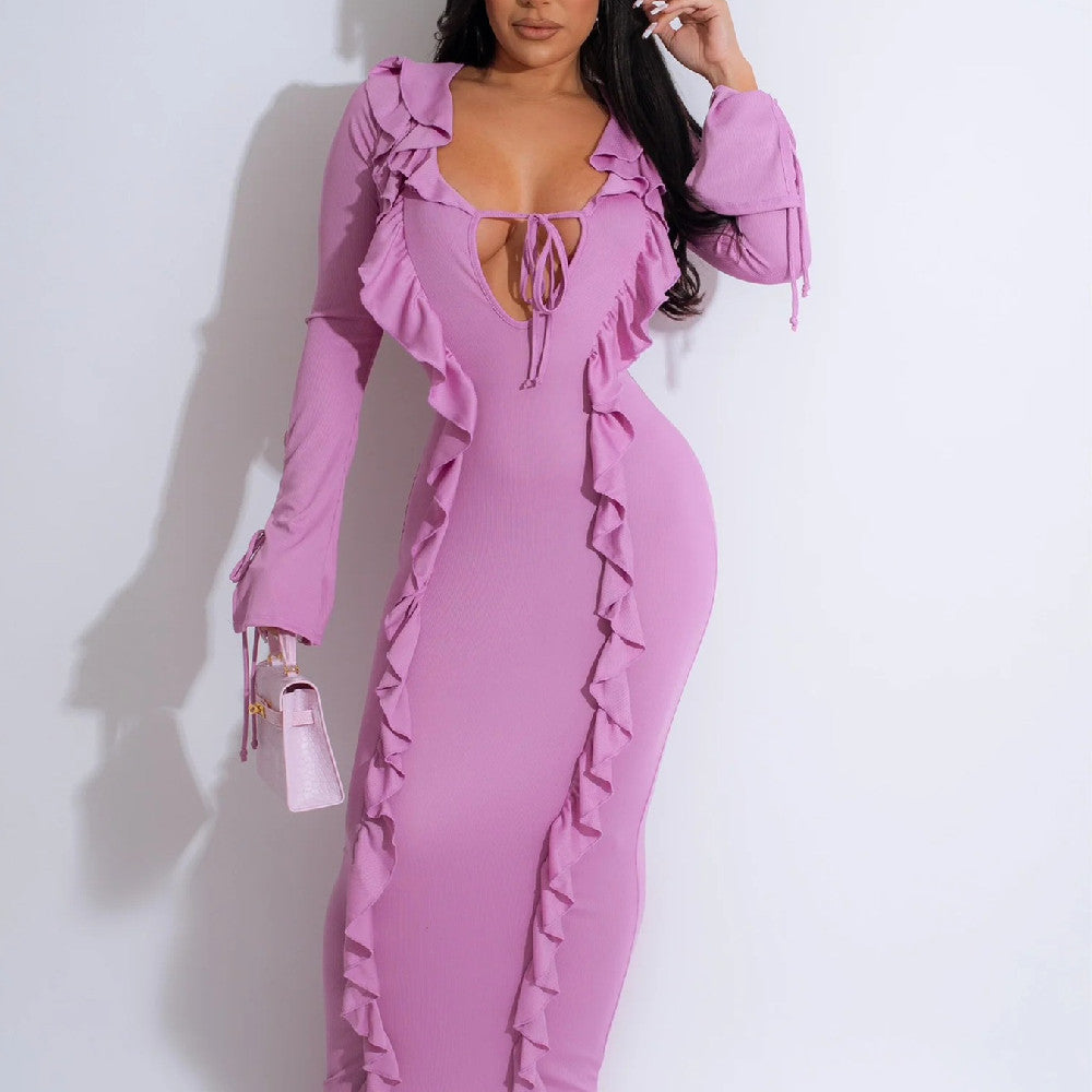 Violettes Langarmkleid mit Schnürung und Rüschenkante im Hüftrock-Stil | Ideal für Herbst und Winter