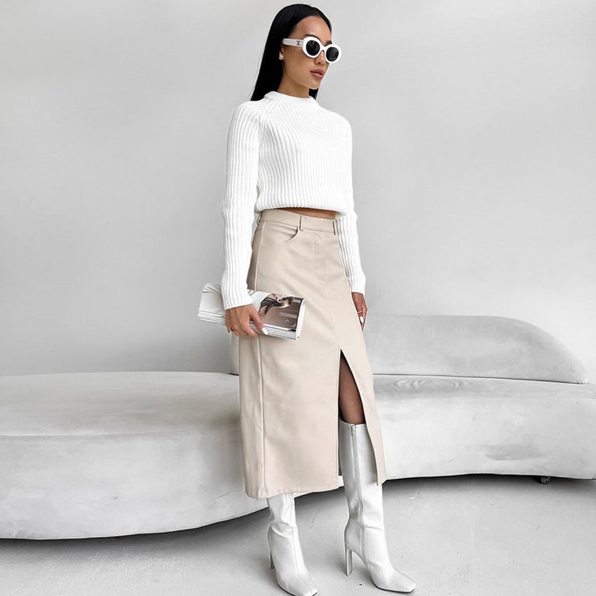 Fleece Gefütterter PU Leder Gerade Geschnittener Rock | Ideal für Herbst und Winter
