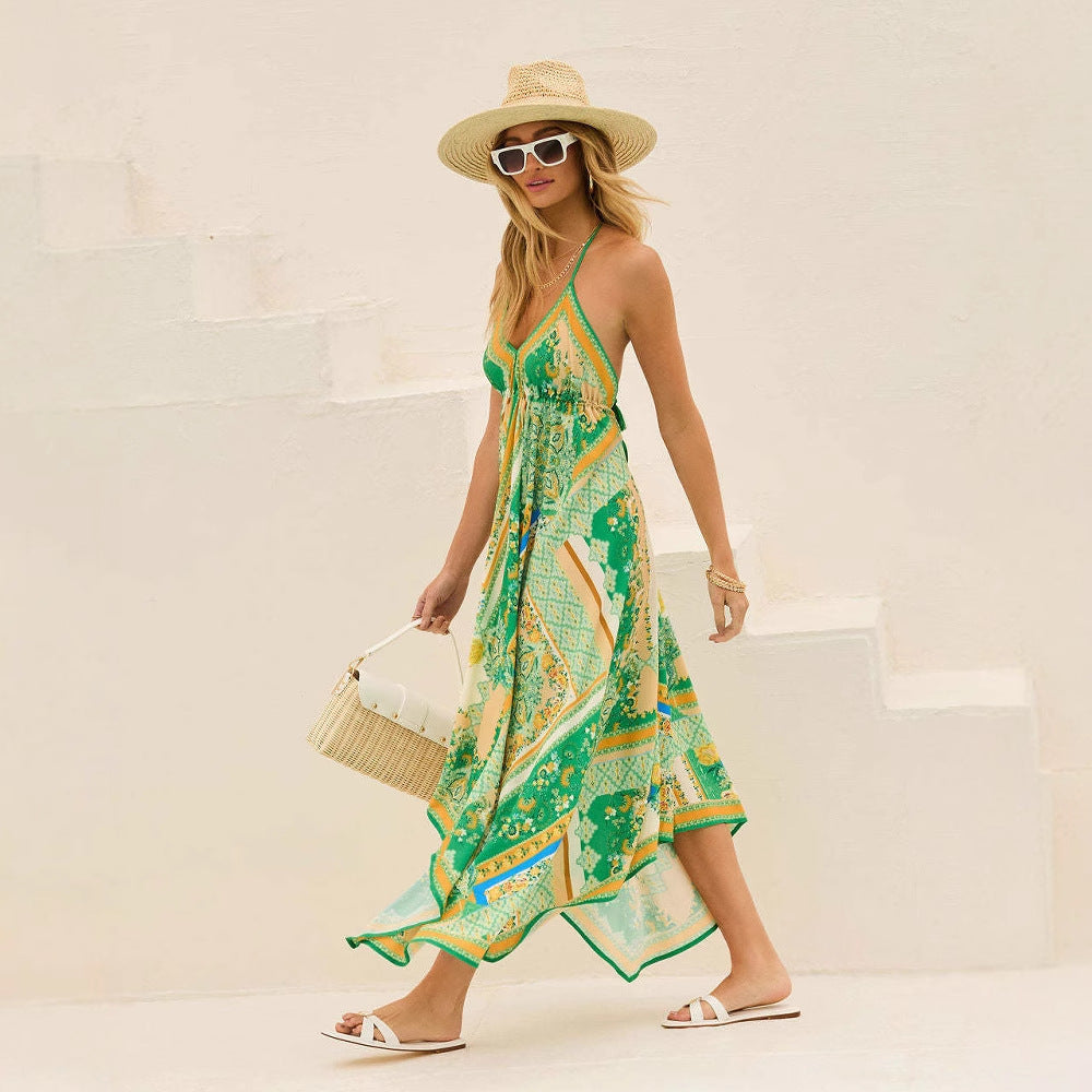 Schulterfreies V-Ausschnitt Spaghettiträger Kleid mit Blumenmuster | Ideal für Frühling und Sommer