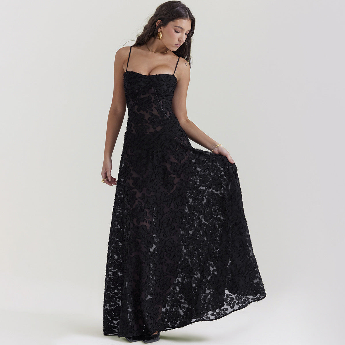 Spitzen A-Linien Langkleid mit Spaghetti-Trägern und Hoher Taille | Ideal für Sommer