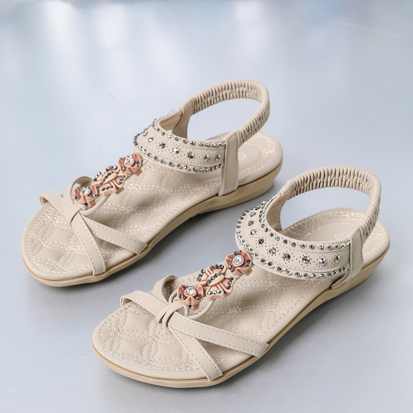 Damen Flache Sandalen mit Strassverzierung und Elastischem Riemen | Ideal für den Sommer