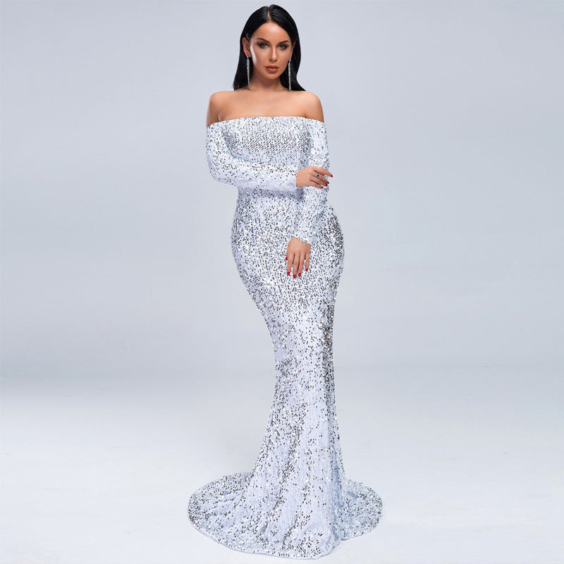 Schulterfreies Langarm Paillettenbesetztes Abendkleid | Ideal für Herbst und Winter