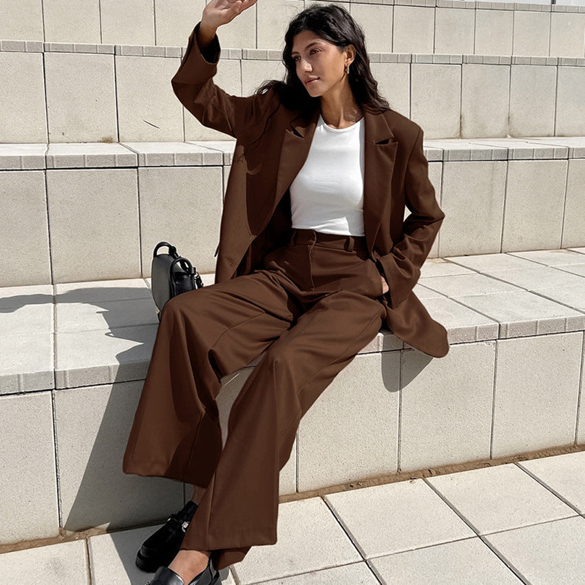 Blazer und Weitbeinige Hose aus Polyester in Unifarbe | Ideal für Frühling und Herbst