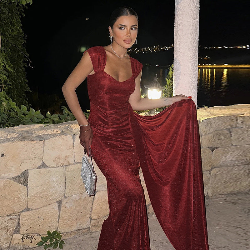 Ärmelloses Glitzer Maxikleid mit Hoher Taille Ideal für Herbst und Winter