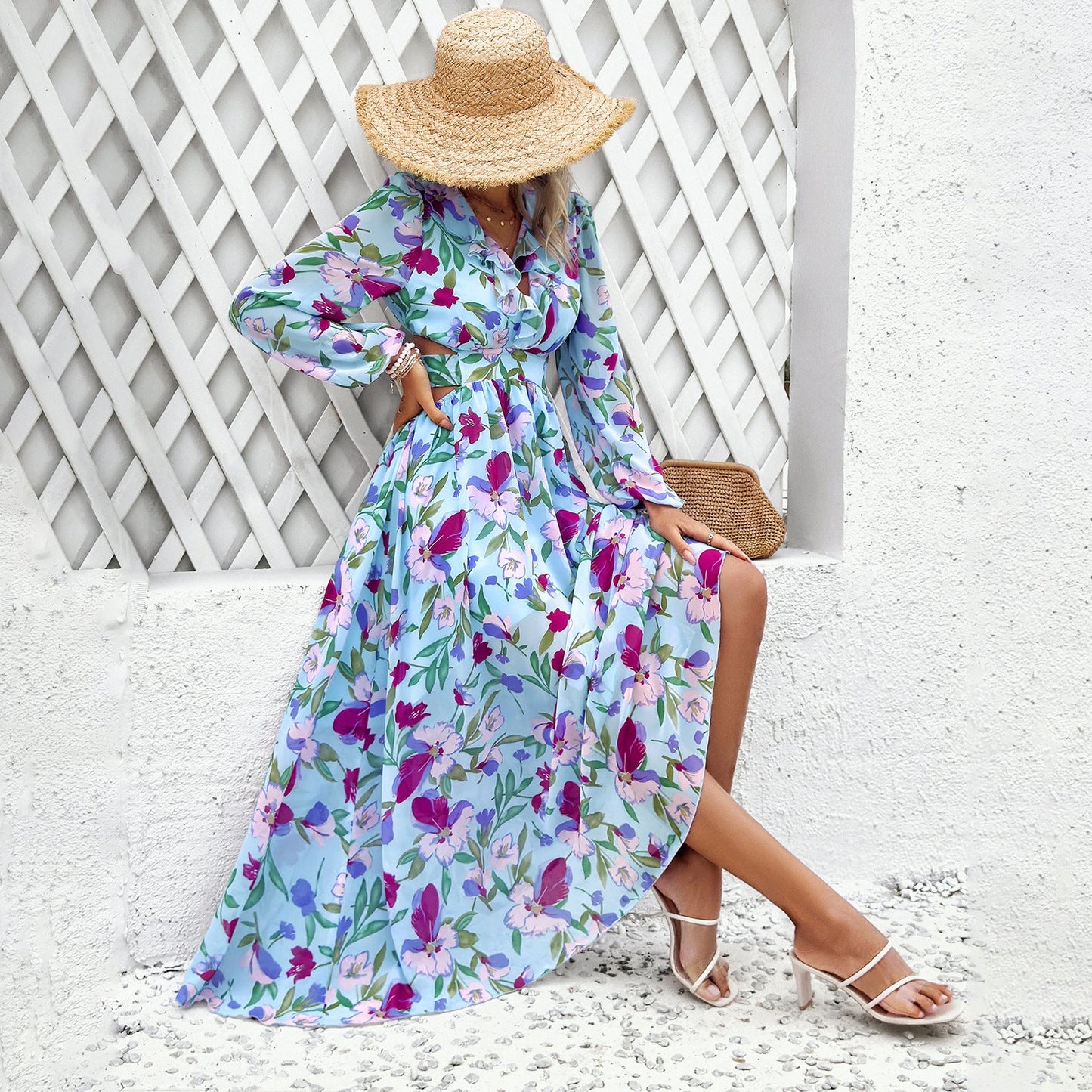 Geblümtes Kleid mit V-Ausschnitt und Laternenärmeln | Ideal für Frühling und Herbst