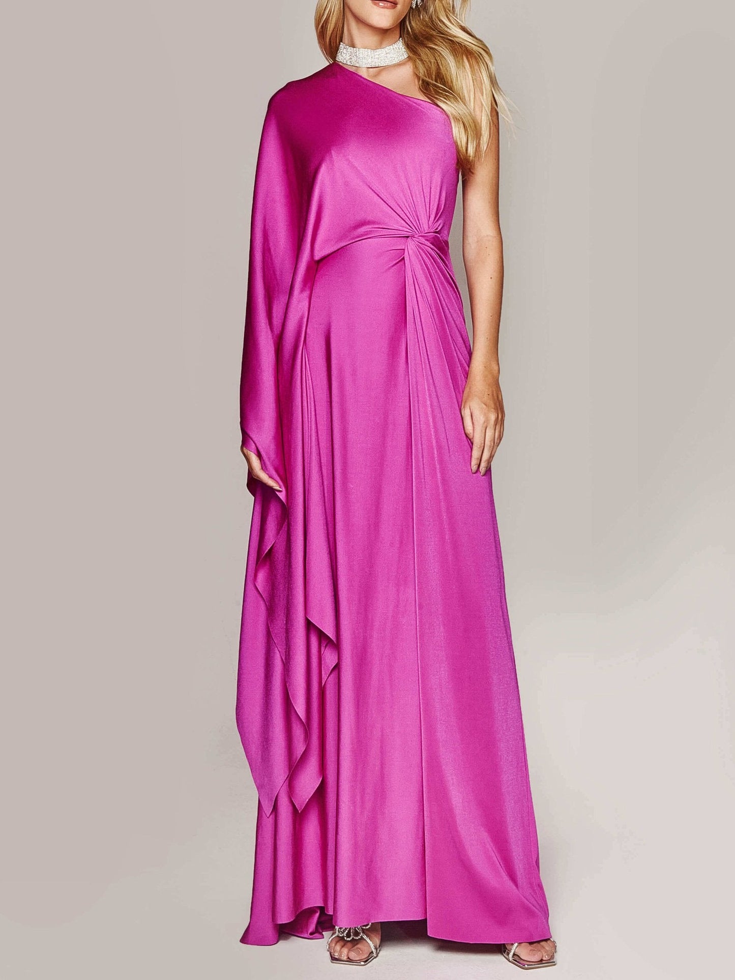 Ein-Schulter Dreh Maxi Kleid in Uni Farbe | Ideal für Frühling und Sommer