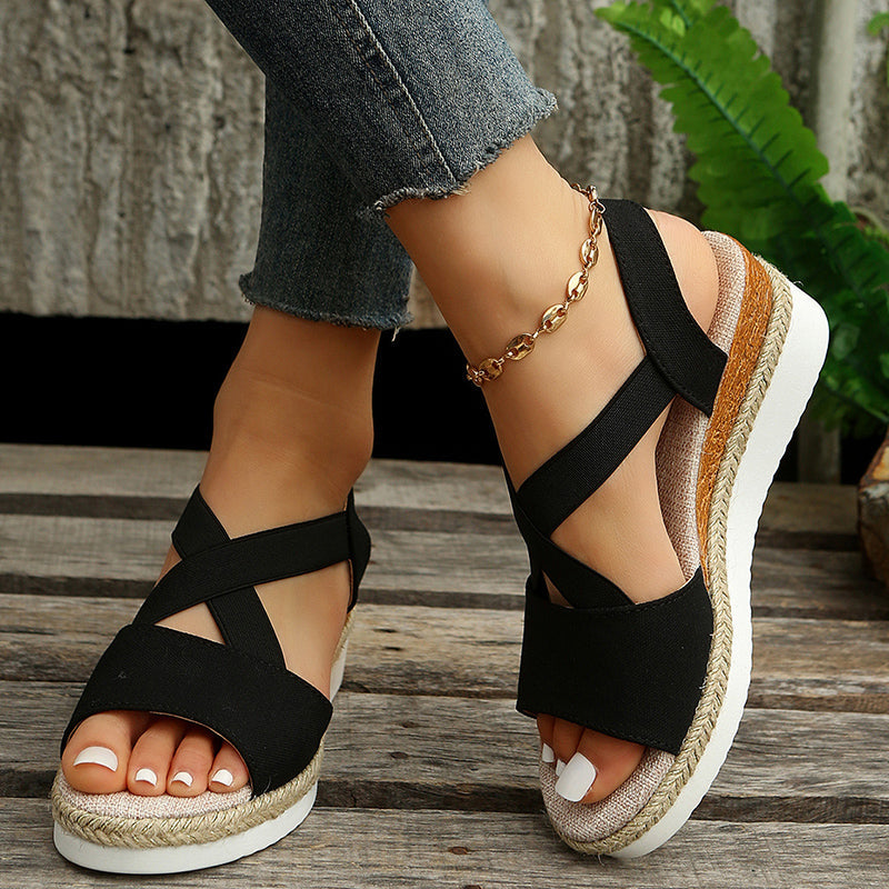 Keilsandalen mit Kreuzriemen und Plateau Hanfabsatz | Ideal für Sommer