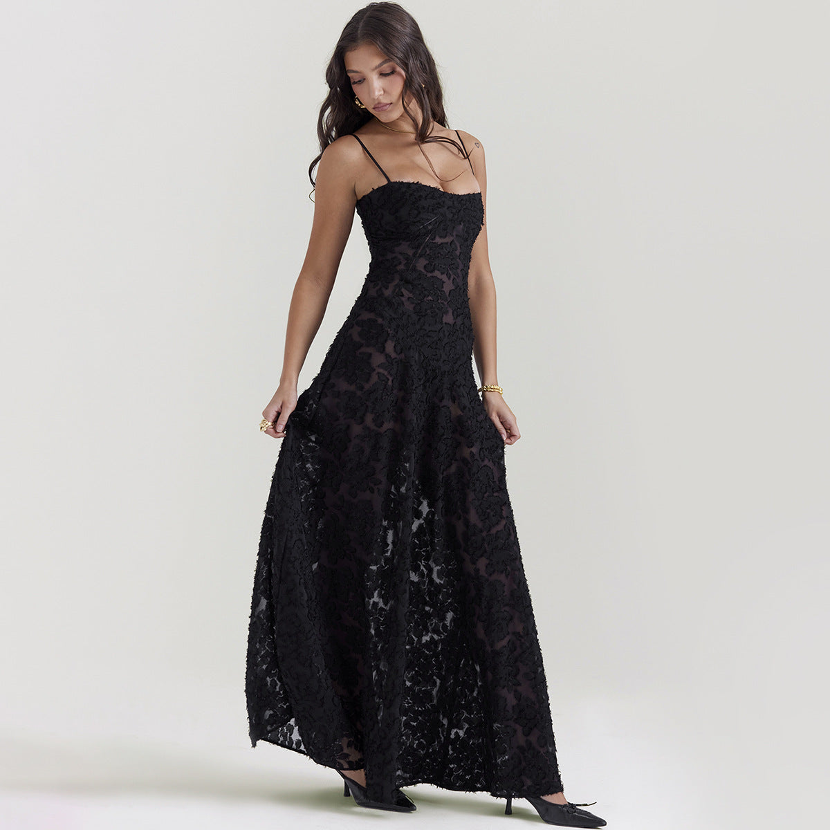 Spitzen A-Linien Langkleid mit Spaghetti-Trägern und Hoher Taille | Ideal für Sommer