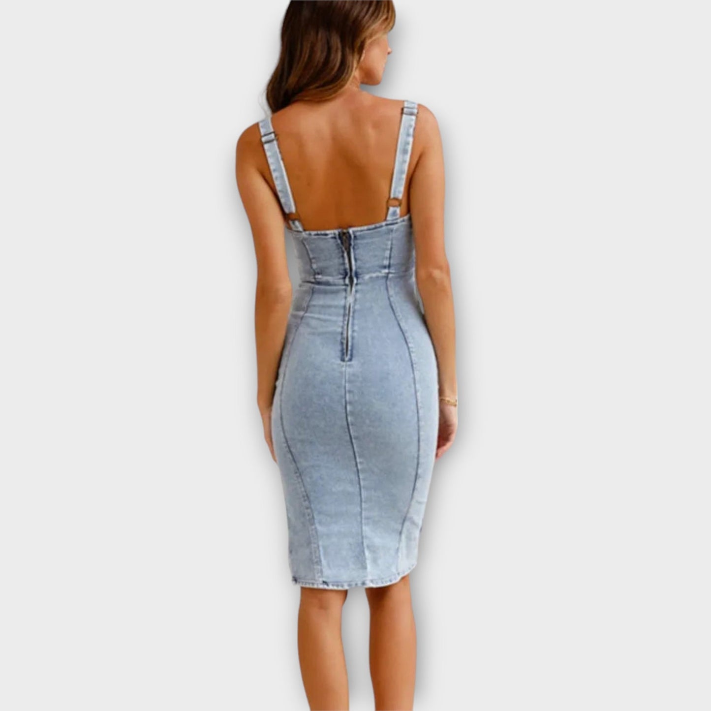 Eng anliegendes Denim-Midikleid mit Seitenschlitzen und Reißverschluss | Ideal für den Sommer