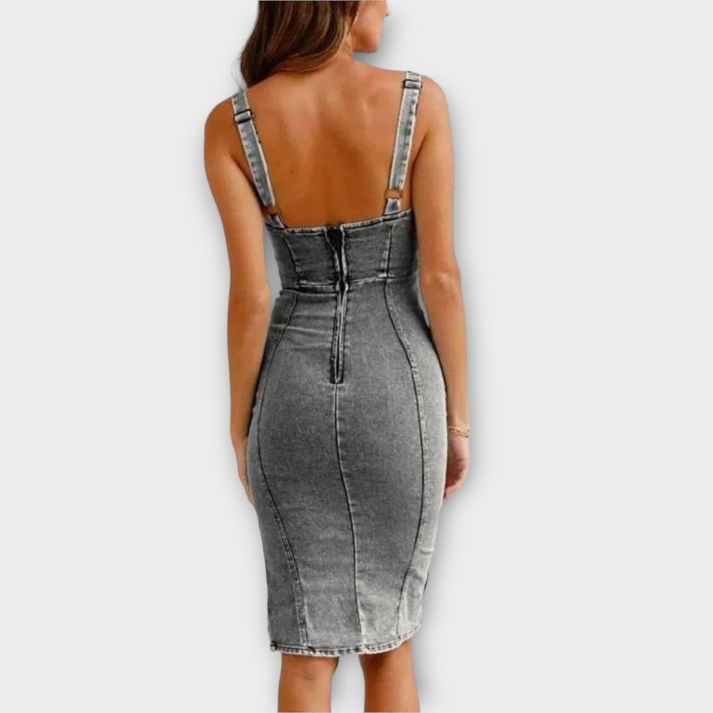 Eng anliegendes Denim-Midikleid mit Seitenschlitzen und Reißverschluss | Ideal für den Sommer