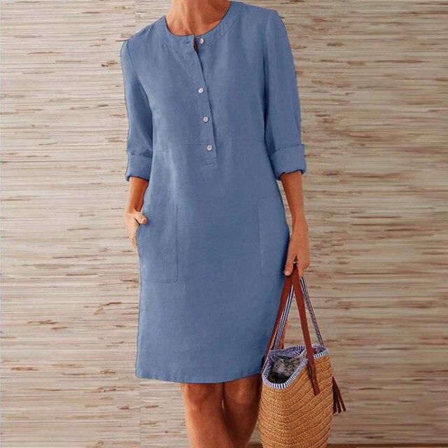 Baumwoll- und Leinenkleid mit Langen Ärmeln | Ideal für Frühling und Herbst