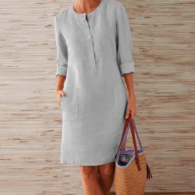 Baumwoll- und Leinenkleid mit Langen Ärmeln | Ideal für Frühling und Herbst