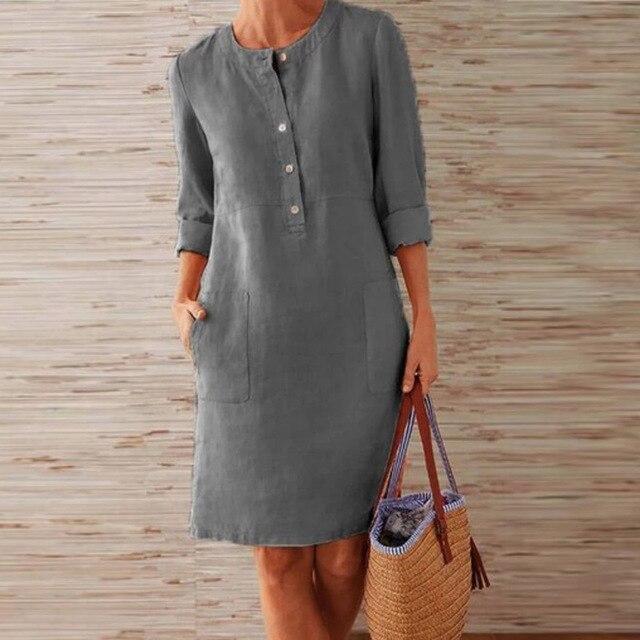 Baumwoll- und Leinenkleid mit Langen Ärmeln | Ideal für Frühling und Herbst