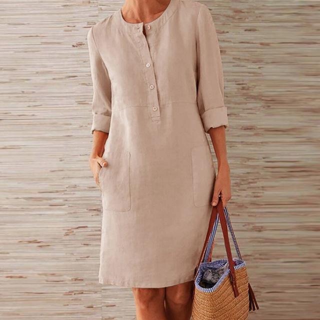 Baumwoll- und Leinenkleid mit Langen Ärmeln | Ideal für Frühling und Herbst