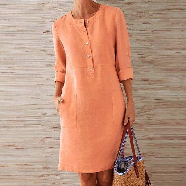 Baumwoll- und Leinenkleid mit Langen Ärmeln | Ideal für Frühling und Herbst