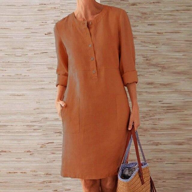 Baumwoll- und Leinenkleid mit Langen Ärmeln | Ideal für Frühling und Herbst