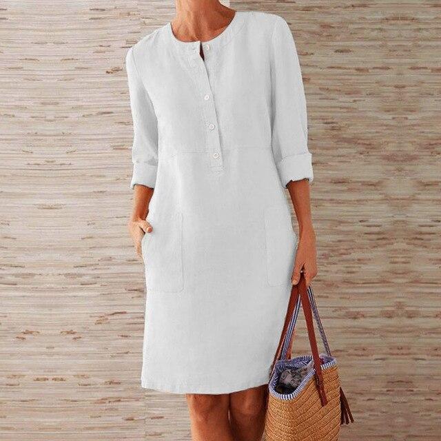 Baumwoll- und Leinenkleid mit Langen Ärmeln | Ideal für Frühling und Herbst