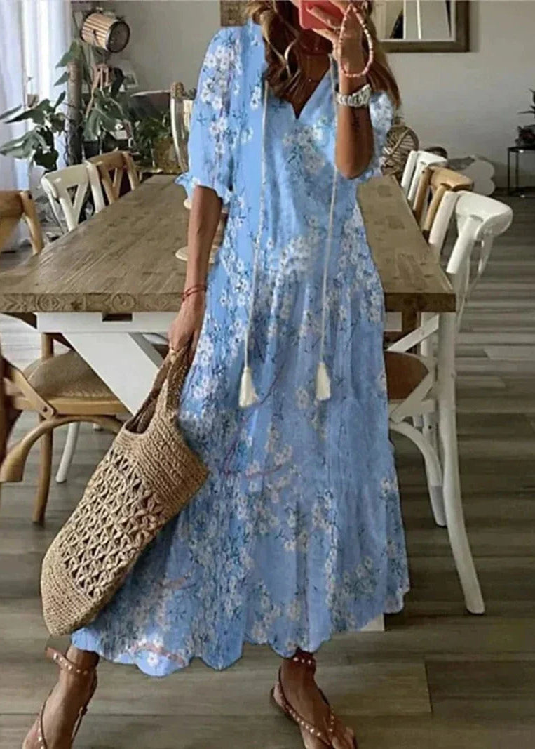 Floral Print Langes Kleid mit Kordelzug-Taille | Ideal für den Sommer