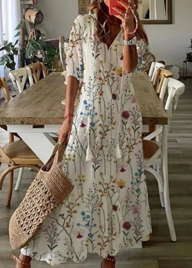Floral Print Langes Kleid mit Kordelzug-Taille | Ideal für den Sommer