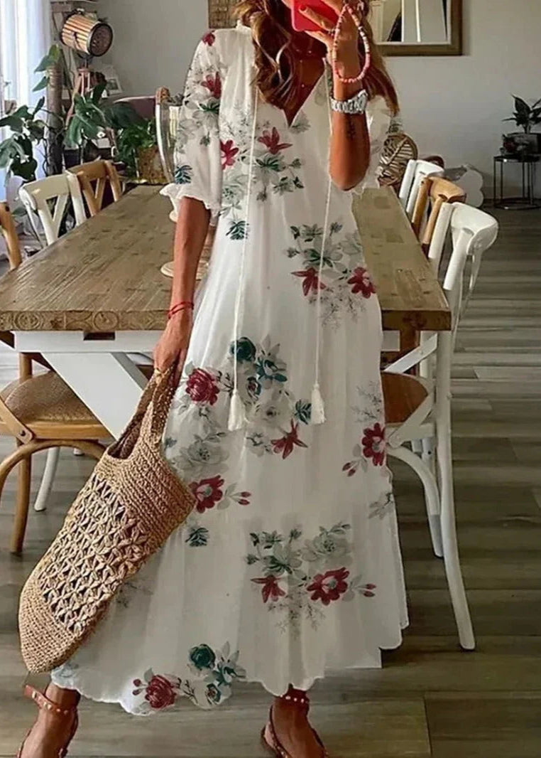 Floral Print Langes Kleid mit Kordelzug-Taille | Ideal für den Sommer
